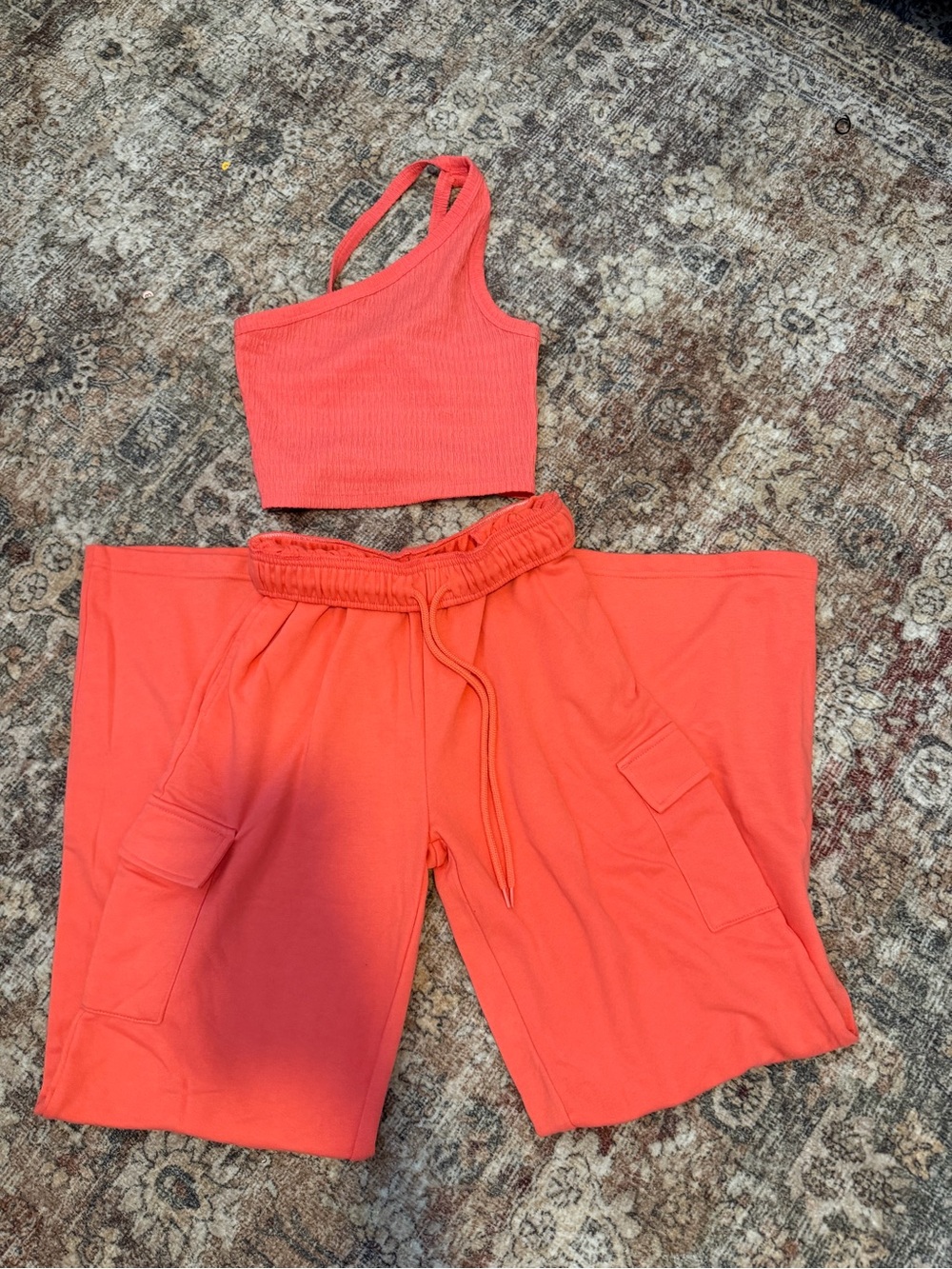 American Eagle Outfitters Coral One-Shoulder Crop Top & Cargo Track Pants Set